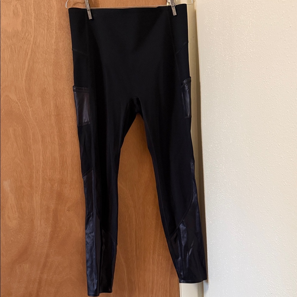 SPANX Black Leggings with Leather Details